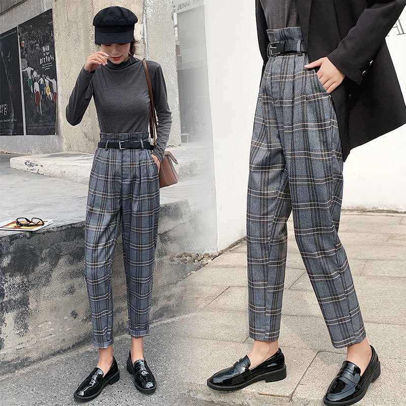 Autumn Korea Fashion Women High Waist Loose Trausers All-matched Casual Vintage Plaid Pants Femme Harem Plus Size V15 210512