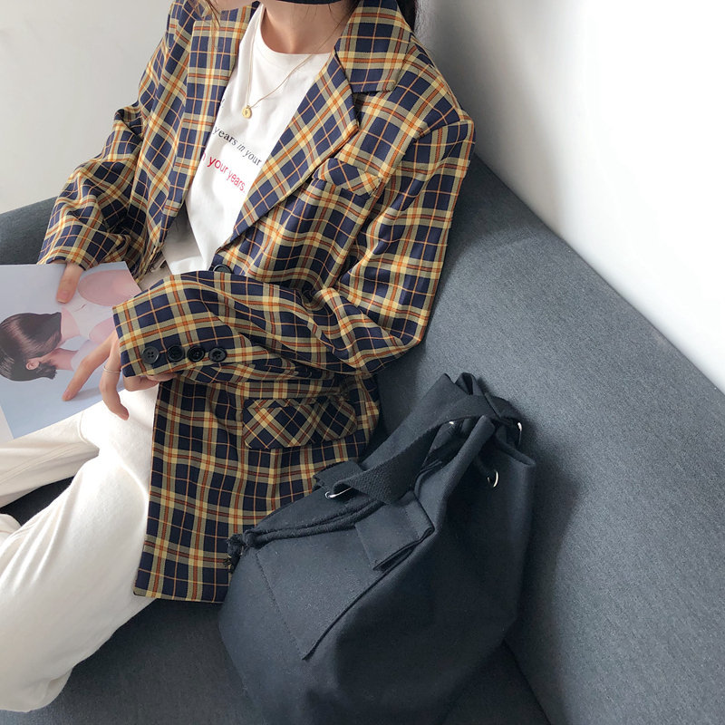 Retro Yellow Plaid Chic Office Lady Vintage Loose England Style Women Plus Size Feminine All Match Blazer 210421