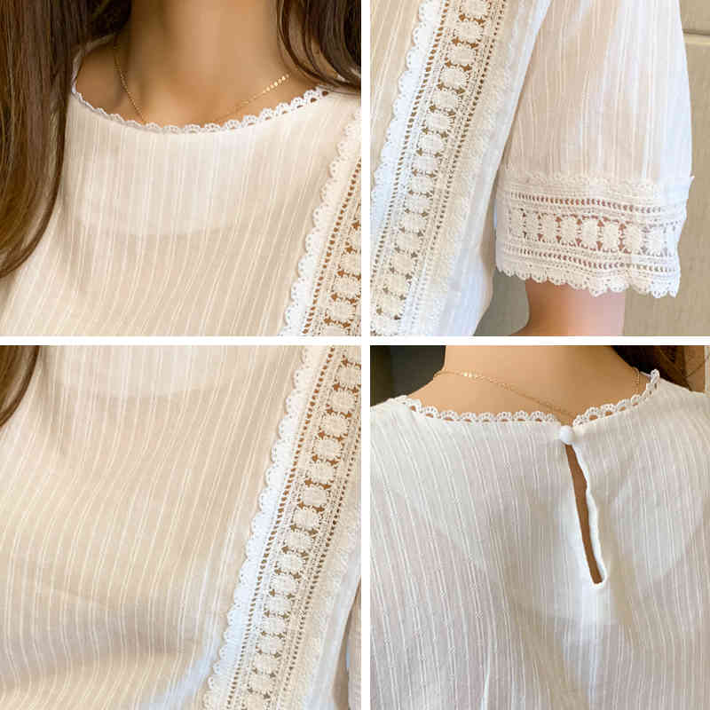 Summer White Pink Shirt Korean Style Women Short Sleeve Hollow Out Lace Blouse Solid Elegant Office Lady Tops Blusas 9602 210506