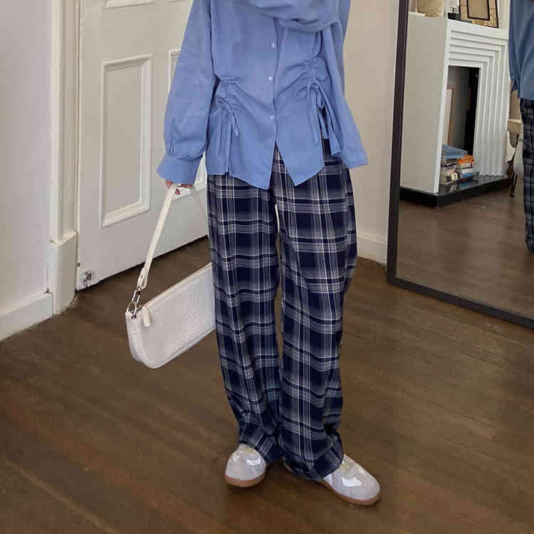 SML korean style plaid vintage straight trouser female spring autumn high waist long pants womens (F4207) 210423