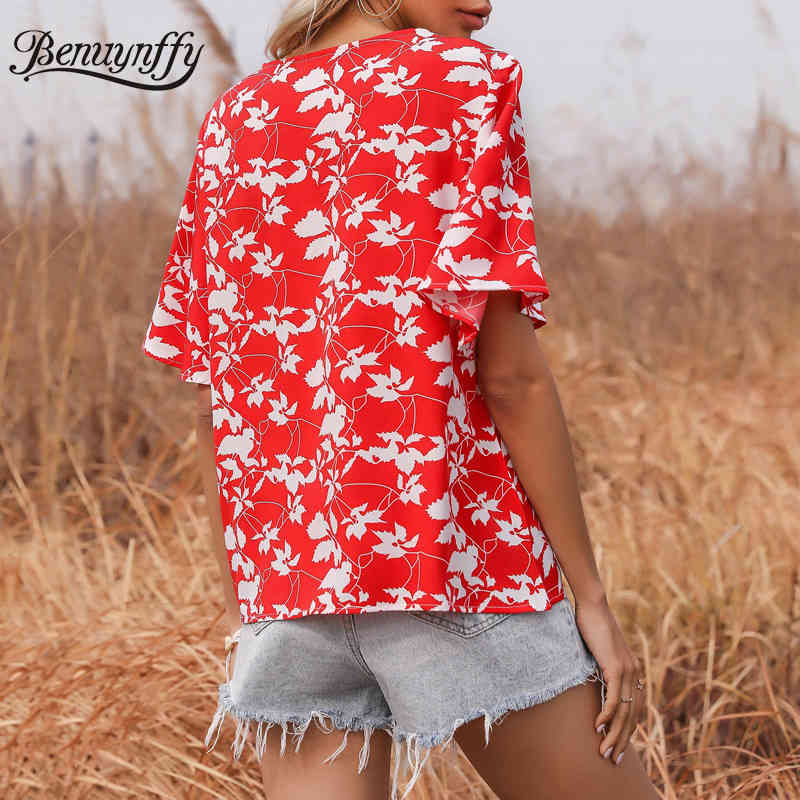 Tassel Tie Neck Chiffon Loose Blouses Women Summer Boho Print Short Sleeve Ladies Tops Holiday Casual Lace up Blouse 210510