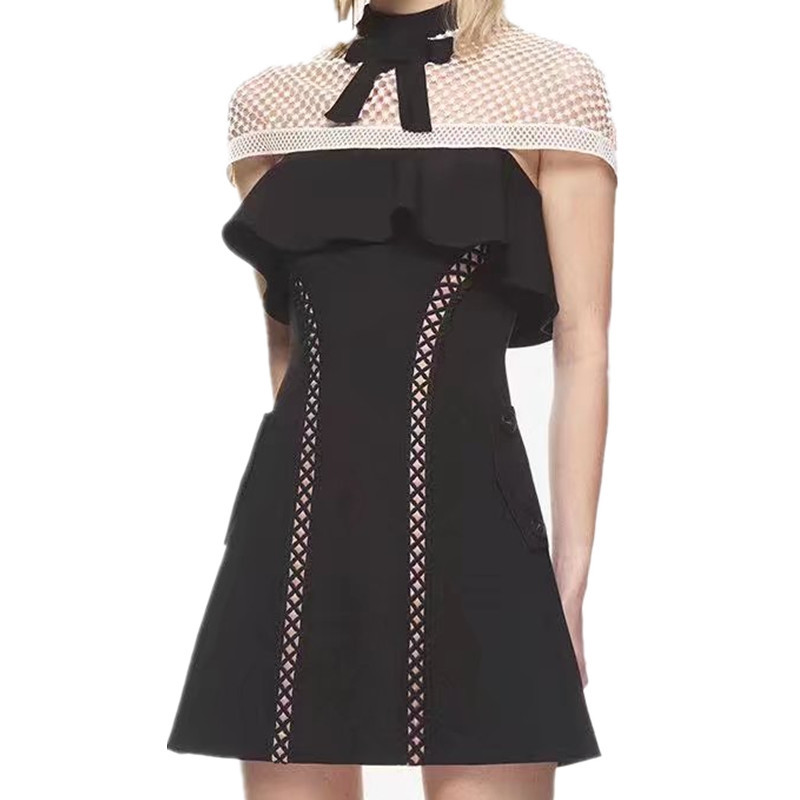 HM Arrive Women's Summer Dress Black Patchwork Lace Hollow Out Dresses Vestidos S/M/L 210520