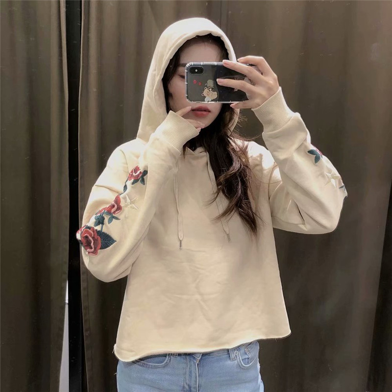 Women Fashion Flower Rose Embroidery Long Sleeve hm Hoodies Chic Ladies Hooded Collar Drawstring Casual Cotton Pullover 210421