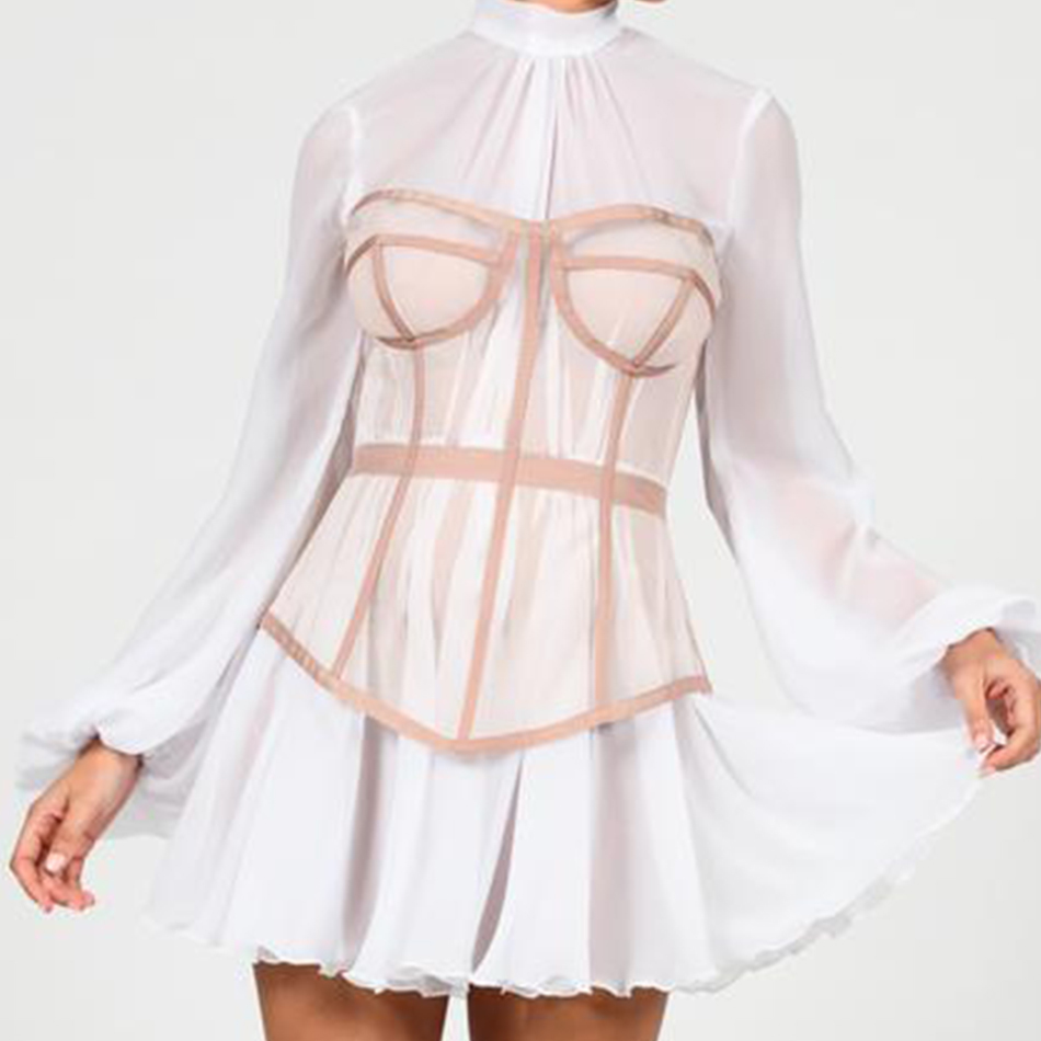 Summer Women White Lace Mini Dress Sexy Striped Long Lantern Sleeve Fashion Celebrity Evening Club Party Lady Dresses 210423