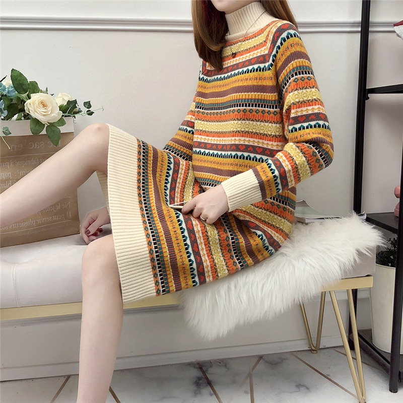 Lazy Wind Turtleneck Long-sleeved Sweater Dress Female Ethnic Style Long Striped Knitted Bottoming Pullover Women 210427