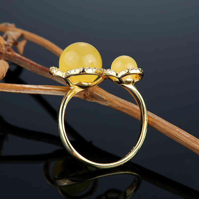 National Fashion S925 Silver Double Support Beads Natural Russian Beeswax Ring Women's Goods