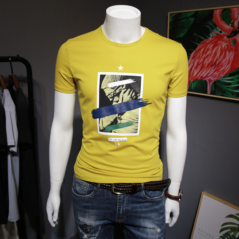 t shirt 2021 summer men's yellow short sleeve printing student slim half clothes, White;black
t shirt 2021 summer men's yellow short sleeve printing student slim half clothes, White;black
