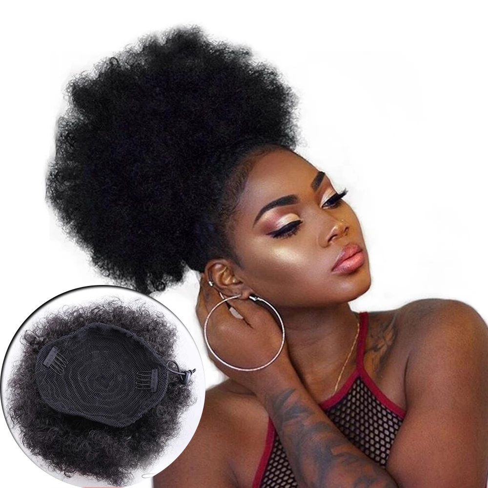 Short Afro Puff real Hair Bun Chignon Hairpiece For Women human Drawstring Ponytail Kinky Curly Clip in Extensions Pony Tail 120g