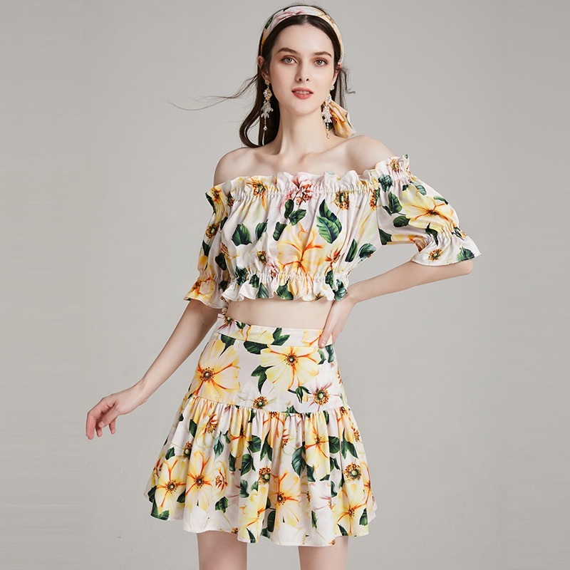 runway stylish yellow flower printed ruched slash neck short summer tops women mini skirt two pieces set lady fashion 210421