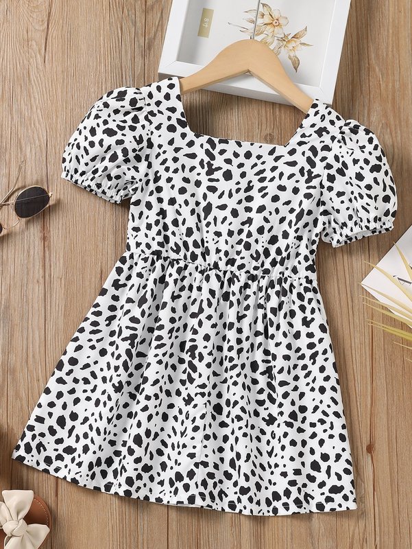Toddler Girls Dalmatian Print Puff Sleeve Bow Front Dress SHE