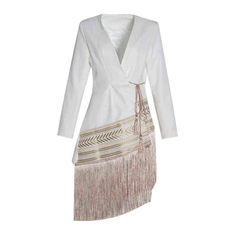 TWOTWINSTYLE Loose Fit Spliced Contrast Color Tassel Belt Jacket V-neck Long Sleeve Women Coat Fashion Autumn Winter 211122