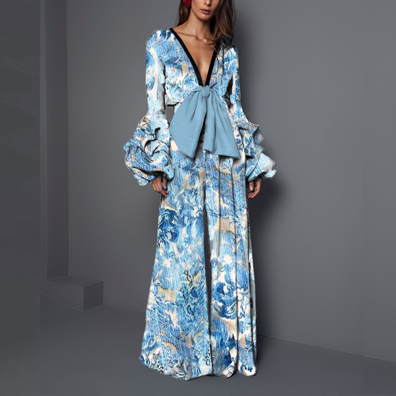 Women Jumpsuit Bow Flared Sleeves V-neck Rompers Womens Vintage Casual Plus Size Print s Fashion 210513