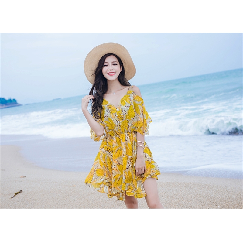 Spring Summer Holiday Chiffon Women Dress Sweet Casual Loose Strapless Strap Floral Beach Female Short Dresses 0067 30 210506