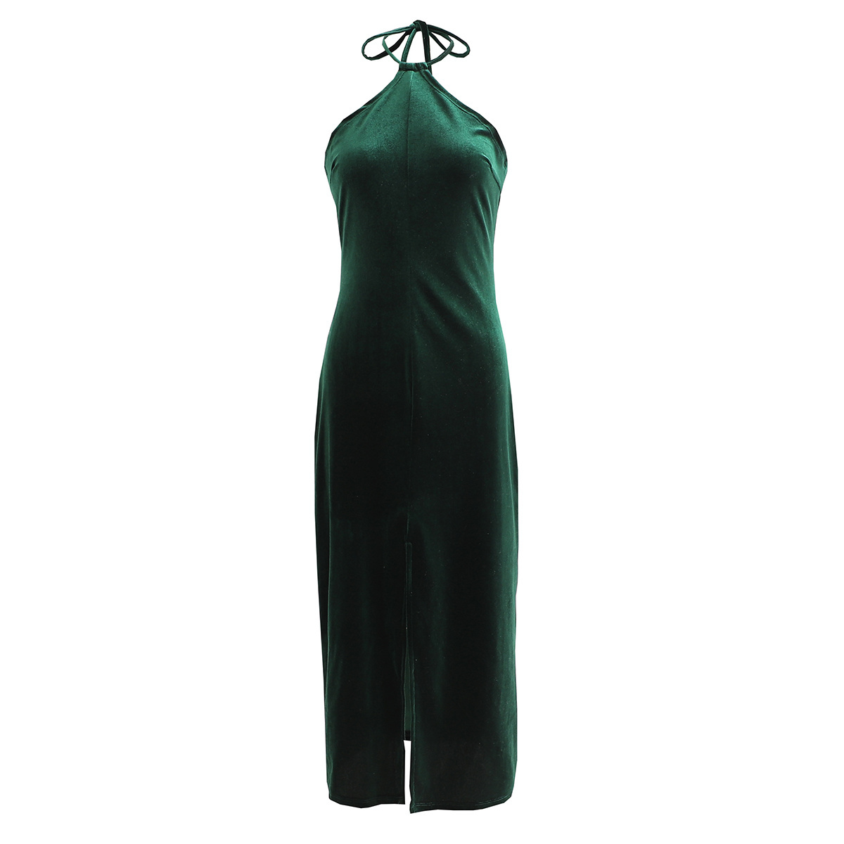 Elegant Women Green Velvet Halter Dress Fashion Ladies Slim Slit Side Dresses Sexy Female Chic Backless Vestidos 210430