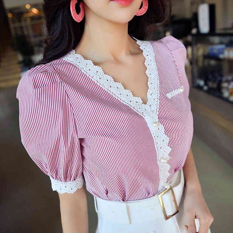 Dabuwawa Sweet V-Neck Appliques Striped Shirts Office Lady Puff Sleeve Womens Workwear Tops and Blouses DT1BST023 210520