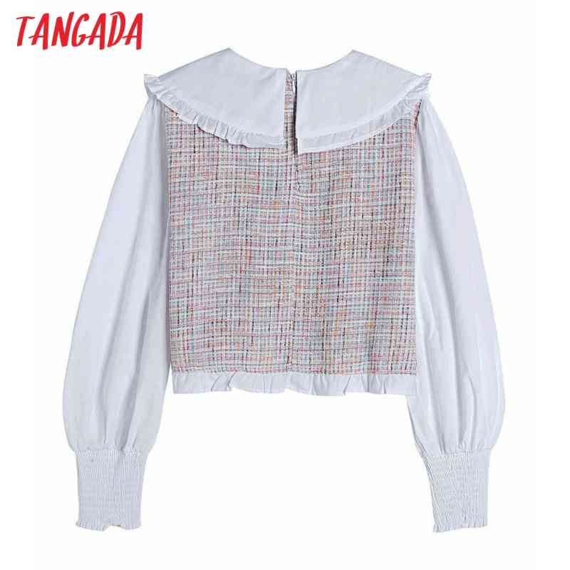Women Retro Colorful Yarn Plaid Tweed Patchwork Blouse Long Sleeve Chic Female Shirt Tops 6H1 210416