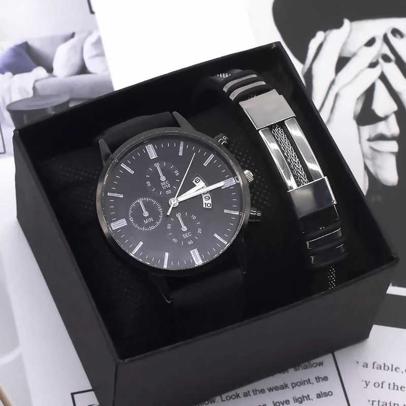 Men Watch Bracelet Set Fashion Sport Wrist Watch Alloy Case Leather Band Watch Quartz Business Wristwatch calendar Clock Gift 210630