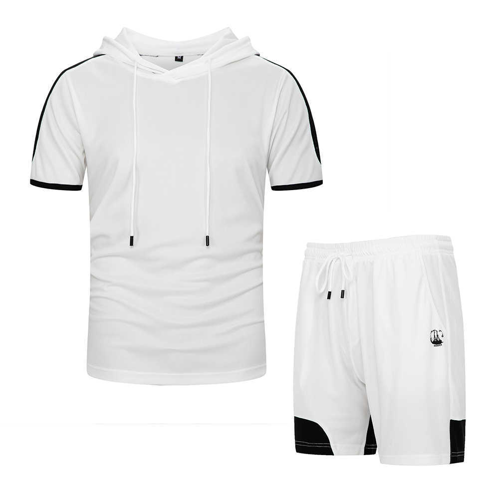 Fashion T-shirt Shorts Set Men Summer Patchwork Tracksuit Hooded T Shirts Man Casual Tee Shirt Sets Sweat Suits Sportswears 2pcs 210603