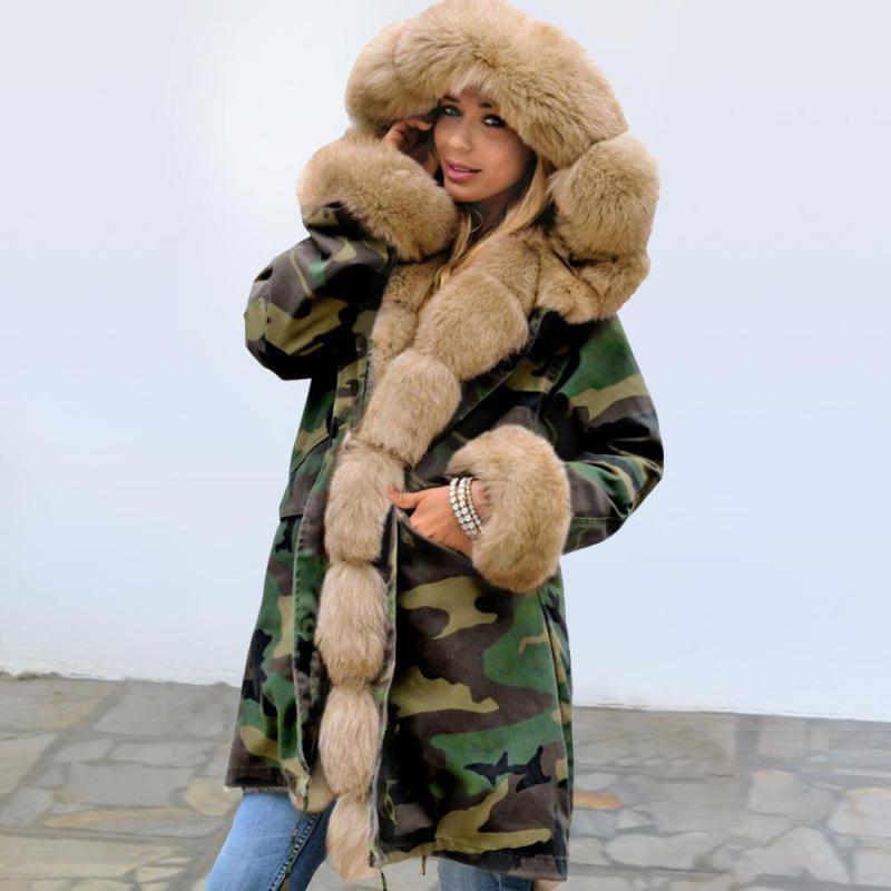 GetSpring Women Parka Winter Outwear Jacket Coat Camouflage Down With Fur Hood s 210524