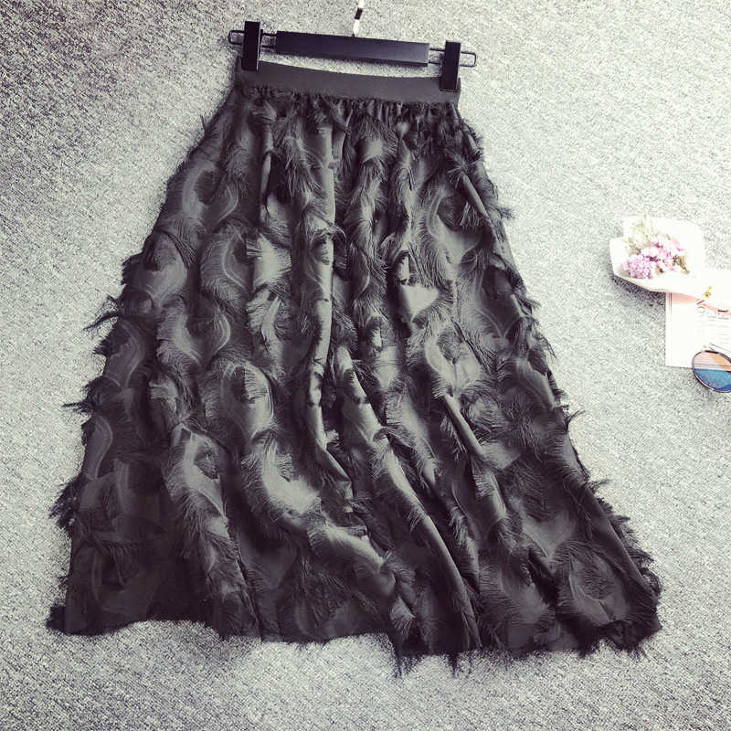 Spring Women Pleated Skirts Fashion Feather tassel High Waisted Elastic Casual Party Skirt 210607