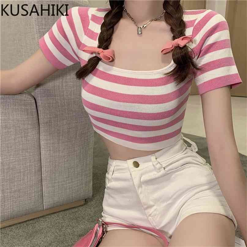Summer Stripe Knitted Crop Tops Shirt Short Sleeve Square Collar Graphic Tee Korean Slim T Shirts 6J581 210603, Blue
Summer Stripe Knitted Crop Tops Shirt Short Sleeve Square Collar Graphic Tee Korean Slim T Shirts 6J581 210603, Blue