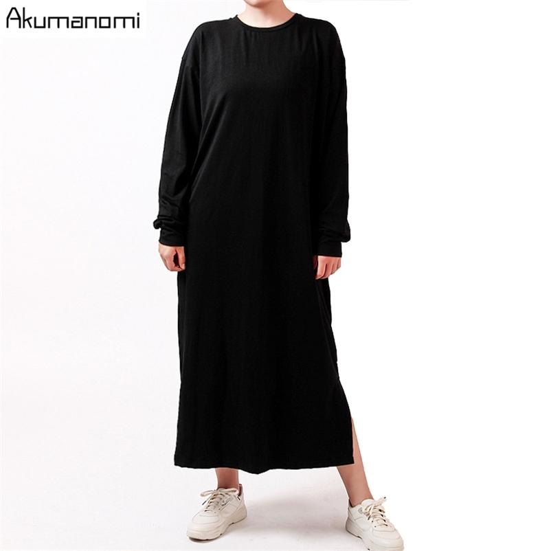 Autumn Spring Black Woman Slit Dress Cotton Plus Size 7xl 6xl 5xl 43xxl Casual Long Sleeve Maxi T Shirt Dresses Robe Femme 210409