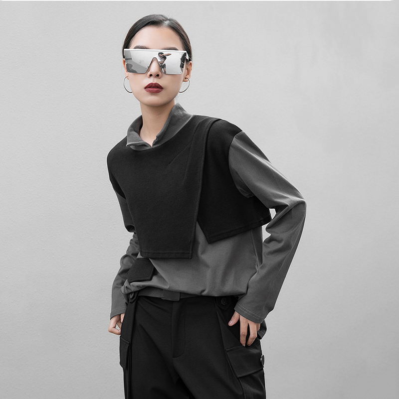 EAM Women Gray Contrast Color Big Size Irregular Tshirt Turtleneck Long Sleeve Fashion Spring Autumn 1DB350 210406