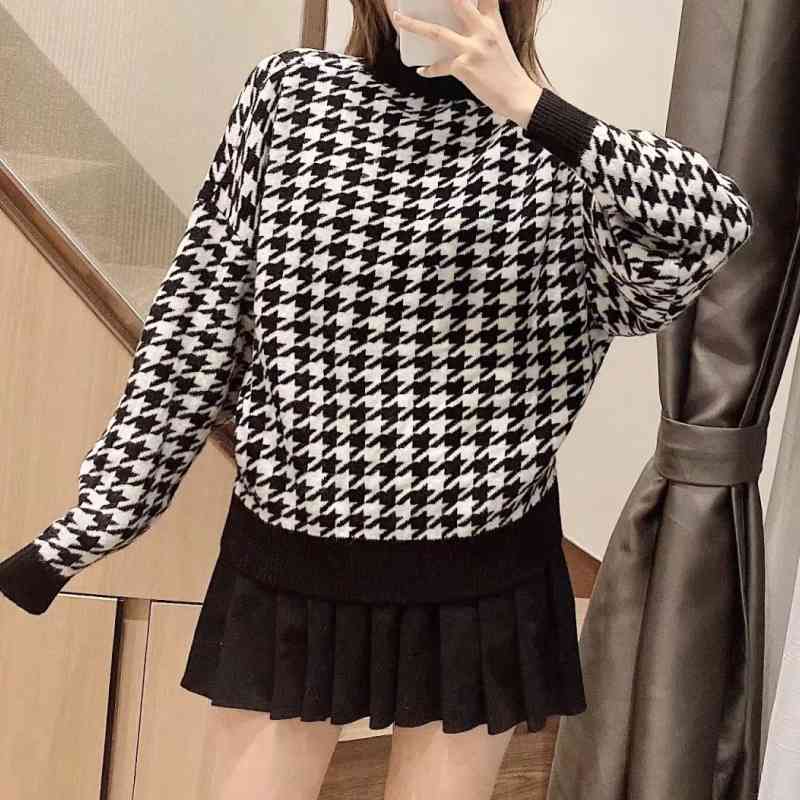 Women Houndstooth Knitting Loose Sweater Casual Femme O-Neck Long Sleeve Pullover High Street Lady Tops SW898 210430