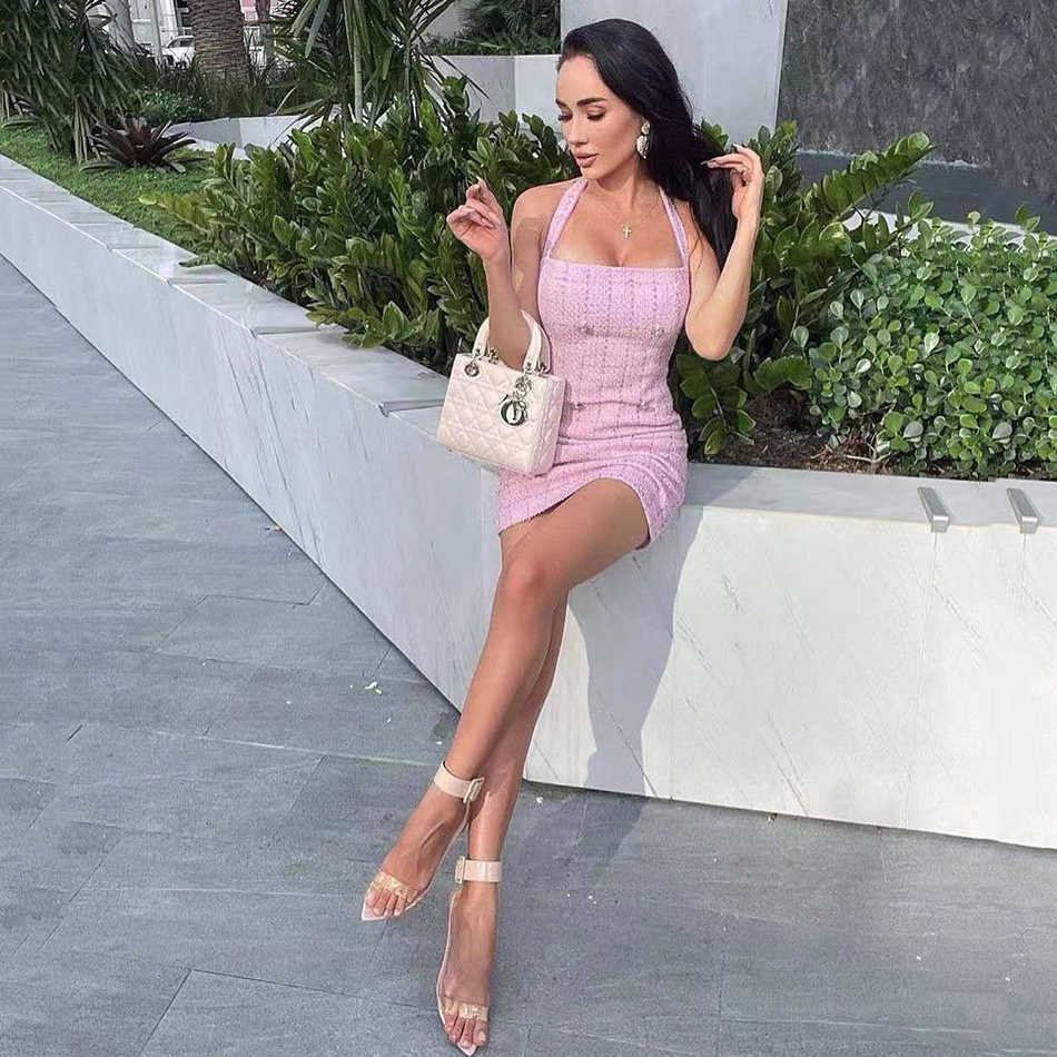 Summer Women's Pink Bodycon Halter Neck Tweed Mini Dress Sexy Sleeveless Button Celebrity Party 210525