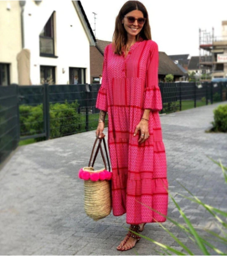 Women Dress V Neck Flare Sleeve Printed Bohemia es Long Print Floral Maxi Loose Leisure Beach Summer es 210513