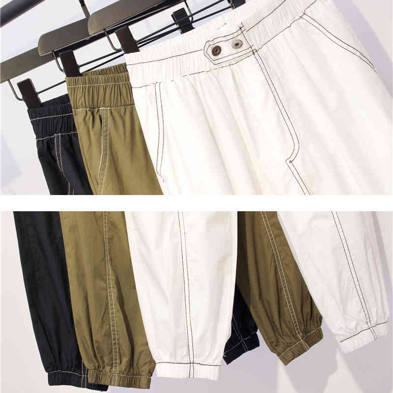 Solid Elastic Waist Beam Feet Baggy Pants for Women Cotton Long Casual High Cargo Loose 10654 210518