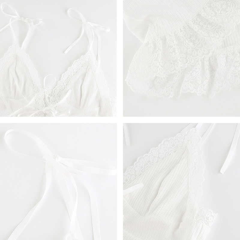 Sexy Solid Bandage Tie Up Vintage Frill Lace Camis Y2k Tops Female Women Summer White V Neck Strap Crop Top Party Club 210625