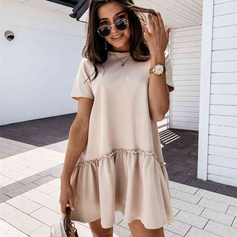 Solid Color Women Dress Summer Fashion Ruffles Mini O Neck Short Sleeve Casual Loose Plus Size Woman Clothes 210603