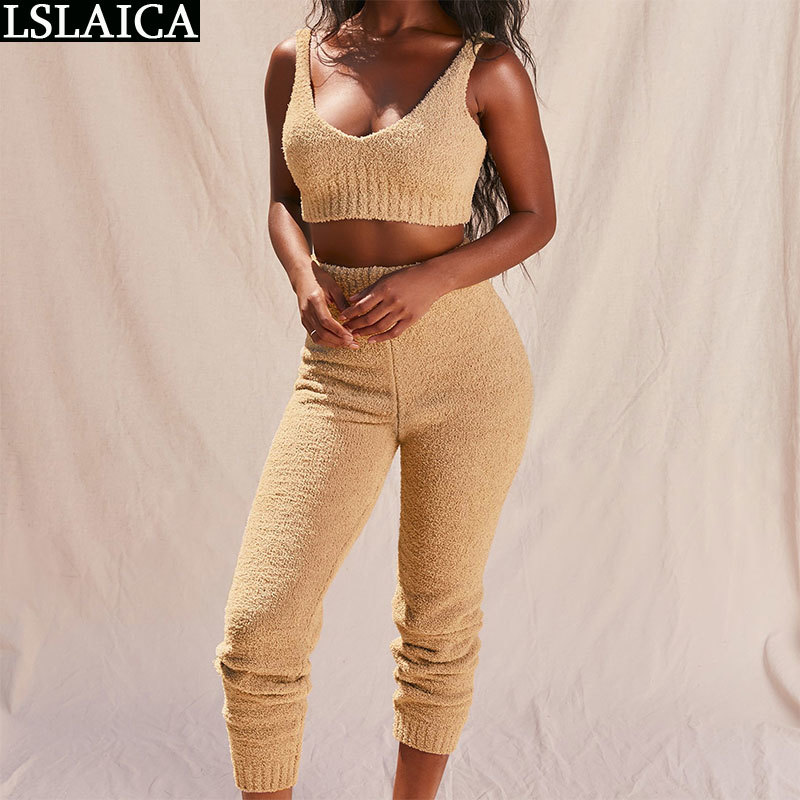 Women Sport Suit Two Piece Set Casual Fashion v-Neck Sleeveless Plush Crop Tops Pants Solid Streetwear Clothes For Female 210520