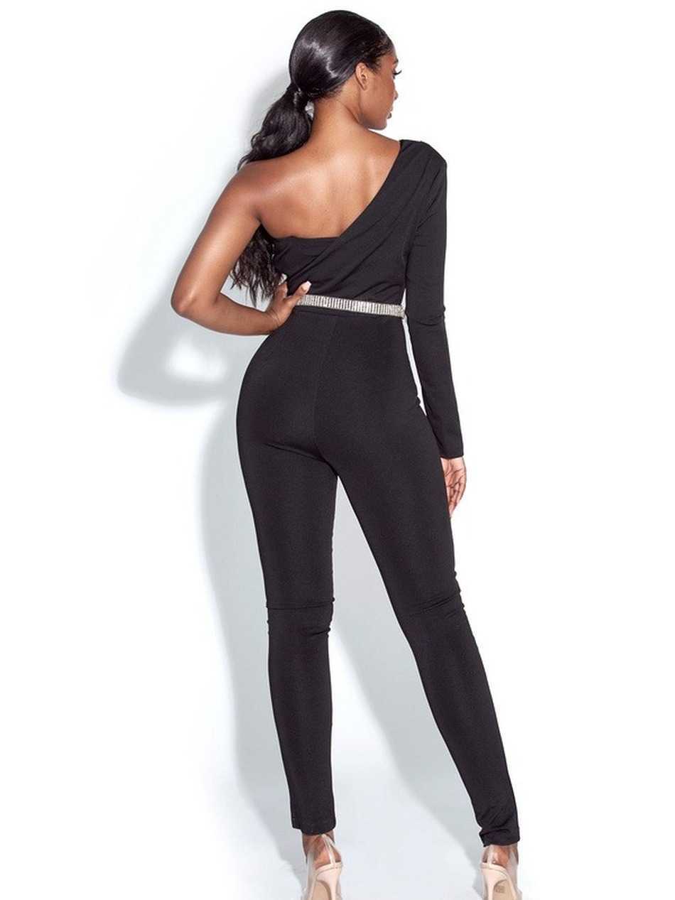 Bodycon Jumpsuit Sexy One Shoulder Sequin Black Women Celebrity Party Club 210527