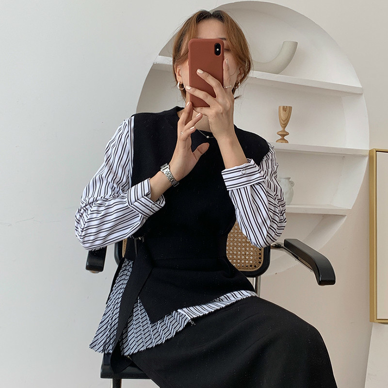 Nomikuma Korea Women 2piece Blouse Sets Striped Long Sleeve Blouses Shirt + Lace Up Slim Waist O-neck Knitted Vest Suits 6C890 210427
