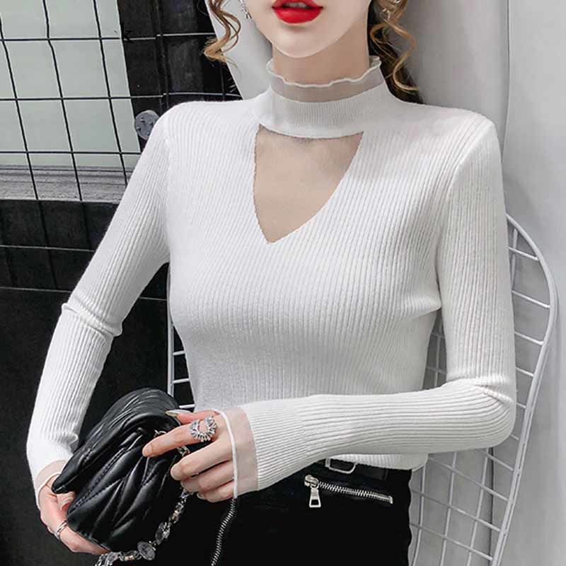 Sexy Temperament Knitted Jumper Net Yarn Splicing Turtleneck Sweater Women Inner Base Long Sleeve Slim Sweater Pull Femme 11591 210518