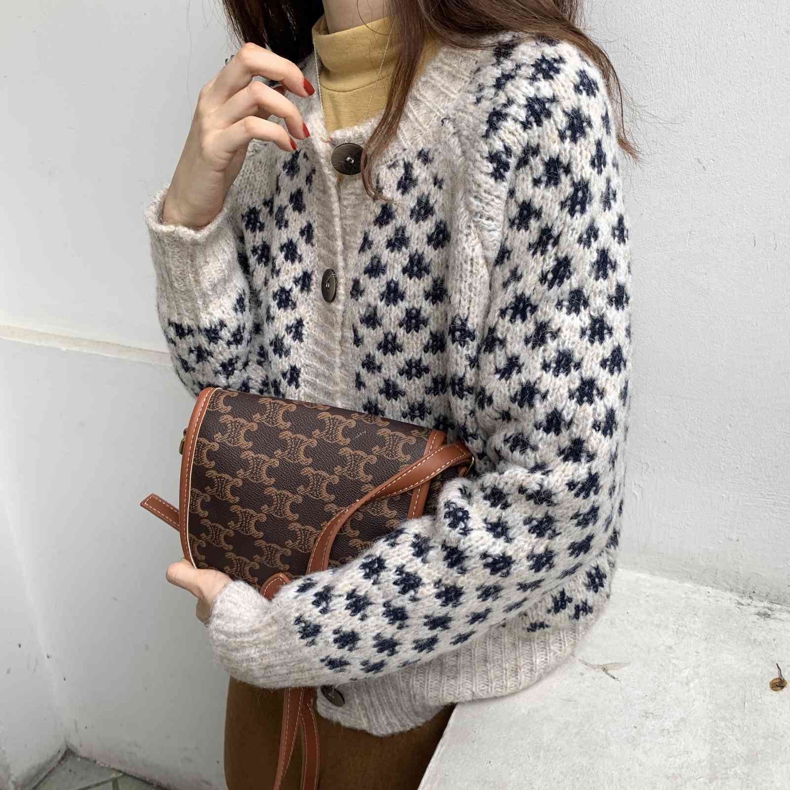 OL Outwear Tops Loose Sweater Women Autumn Winter Elegant Long Sleeve Print Knitted Cardigan Female Sweaters 210421