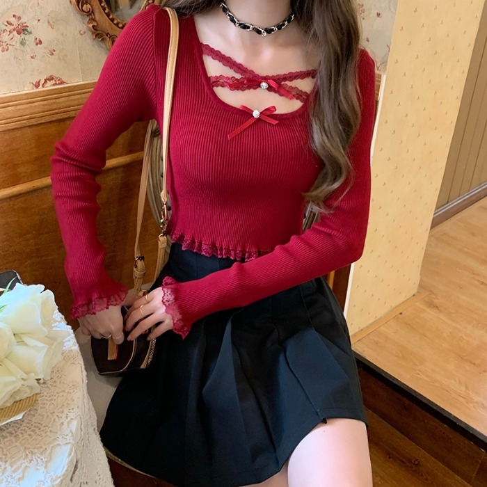Nomikuma Sweet Bowknot Lace Square Collar Long Sleeve Knitwear Korean Slim Short Knitted Tops Autumn Pullover Pull 6C869 210427