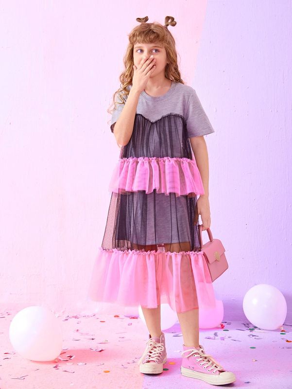 Girls Color Block Layered Hem 2 In 1 Dress SHE
