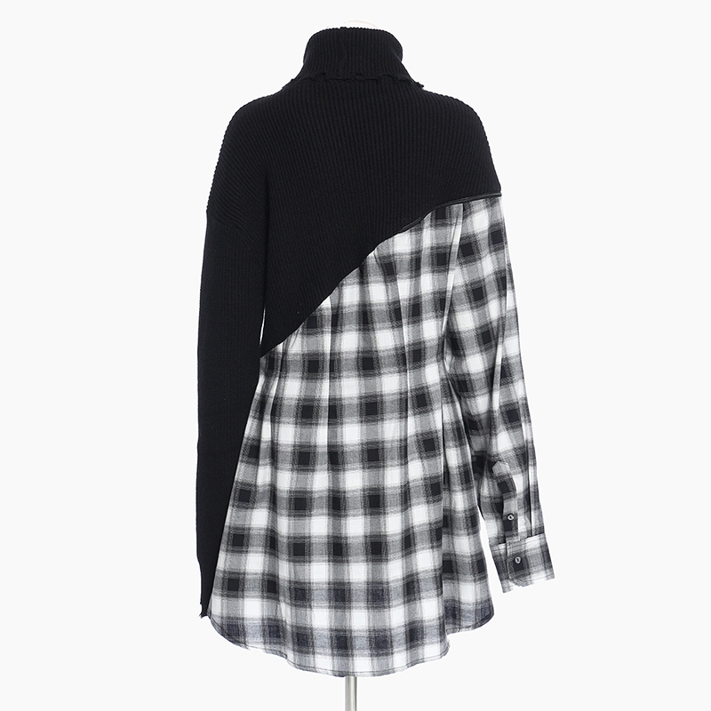 Patchwork Plaid Women Dress Turtleneck Long Sleeve Casual Mini Knitted Dresses Female Fashion Clothes Fall 210520