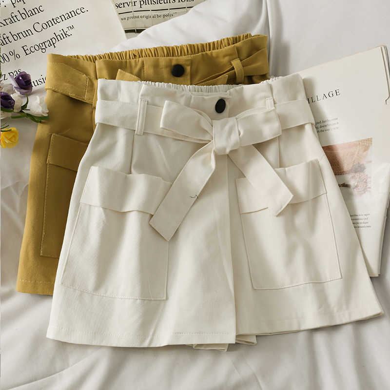 Bow Bandage High Waist Woman Shorts Summer Bottoms Female Causal Solid Wide Leg Short Feminimos 6J347 210603