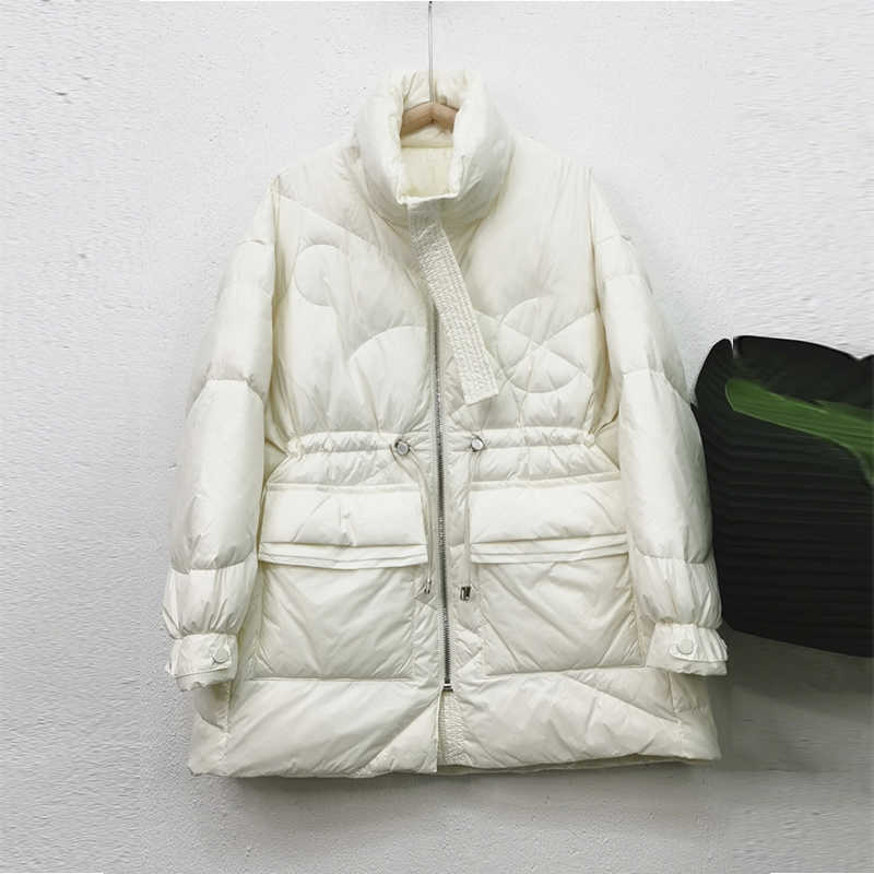 Janveny Winter Women Lightweight 90% White Duck Down Coat Thick Warm Long Sleeve Loose Puffer Jacket Pocket Snow Parkas 211007wtt