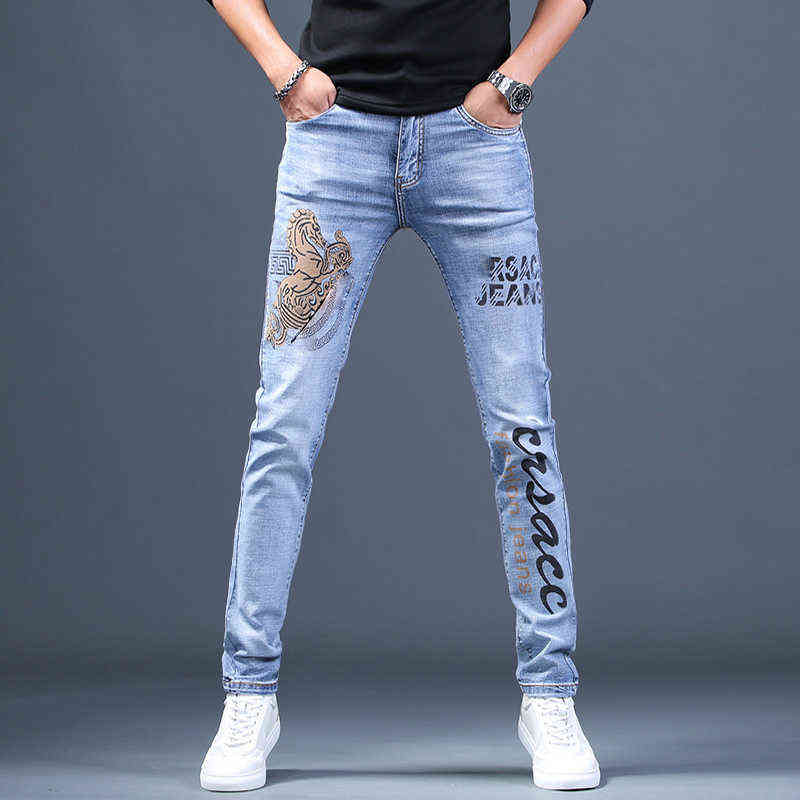 Mens Stylish Printing Denim Pants,Slim-fit Washed Casual Jeans,High Quality Elastic Denim Jeans,Young Boys Fashion Must; 211120
