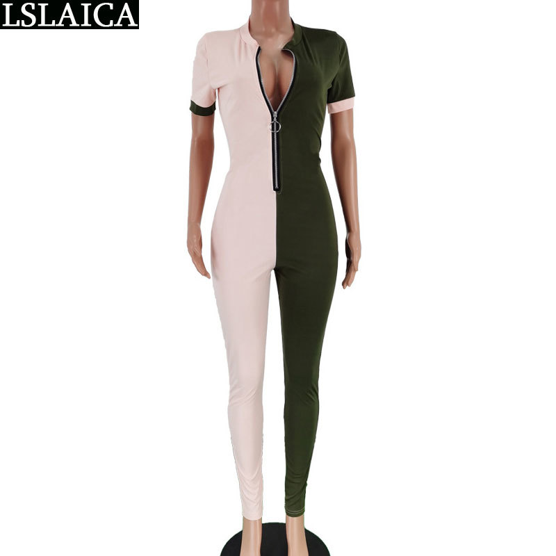 jumpsuits for women two color patchwork slim fashion zip decorated hollow out short sleeve bodysuit sport 210520