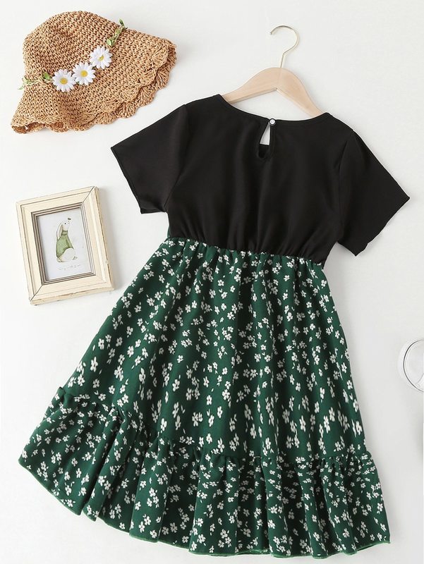 Girls Ditsy Floral Print Ruffle Hem 2 In 1 Dress SHE