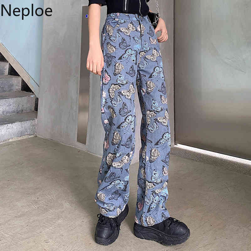 Neploe Jeans for Women Harajuku Butterfly Print Vintage Trousers Loose Straight Wide Leg Pants Streetwear Korean Pantalon 95292 210422