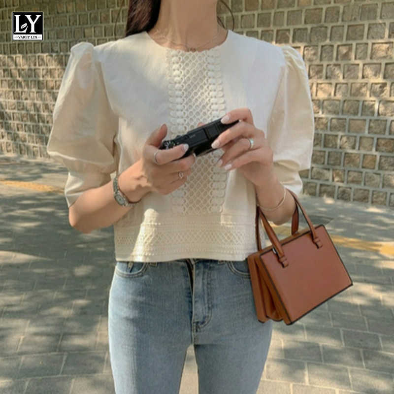 LY VAREY LIN Summer Women Sweet O-neck Puff Sleeve Tops Elegant Lace Loose Office Lady Tender Apricot Short Shirts 210526