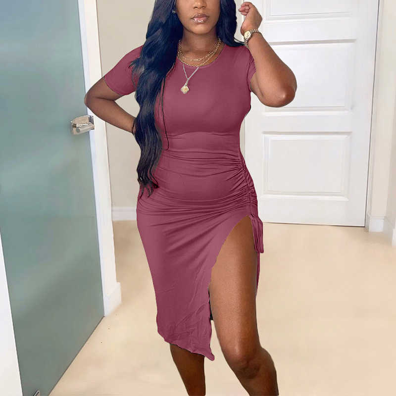 Short Sleeve O Neck Casual Dress Summer Solid Slit Mini Dress 210702