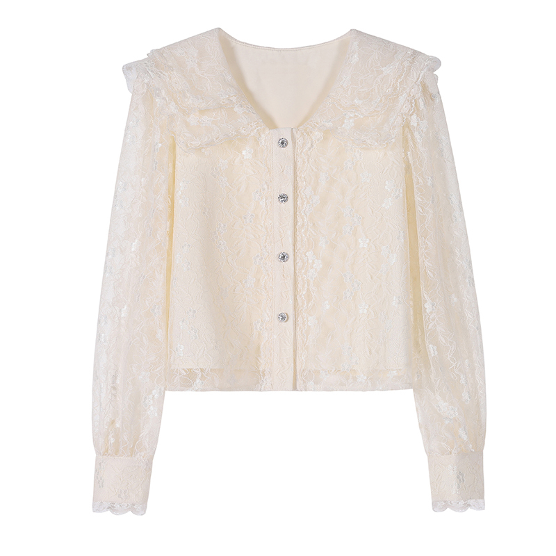 Embroidered Lace Blouse French Style Sweet Shirt Women Spring Mesh Hollow Out Blouses Fashion V-neck Collar Tops 13212 210506